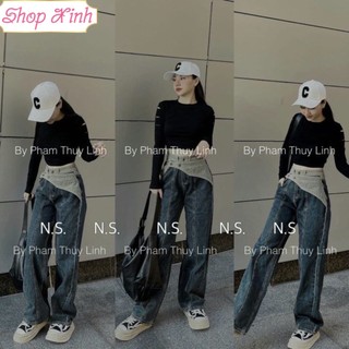 Quần jeans nữ suông phối cạp shopxinh quần bò nữ suông phối cạp kiểu dáng mới độc lạ