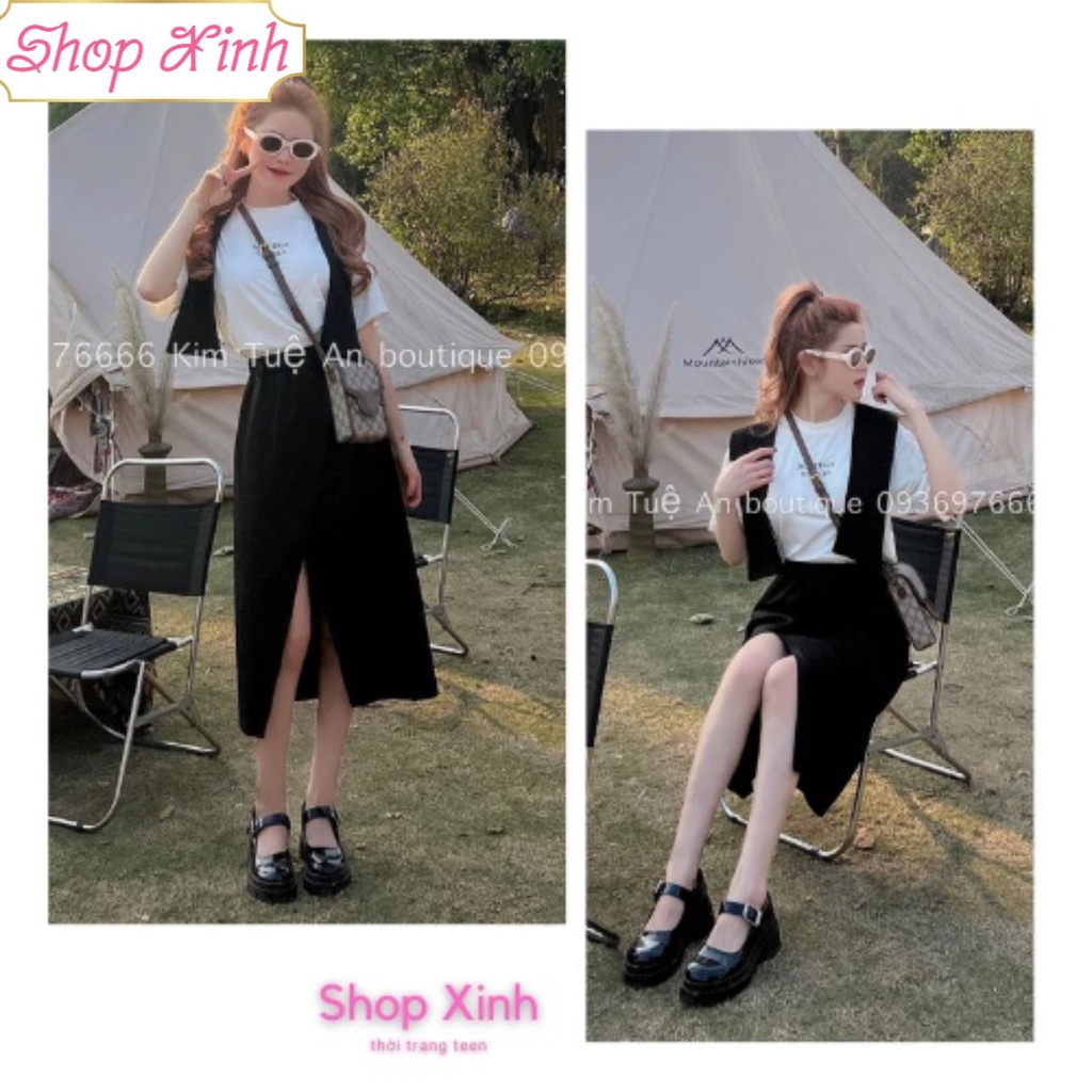 Set 3 món Áo phông kèm khăn quàng vai chân váy midi xẻ SHOPXINH88 - Set áo thun chữ mix chân váy kèm khăn phong cách HQ