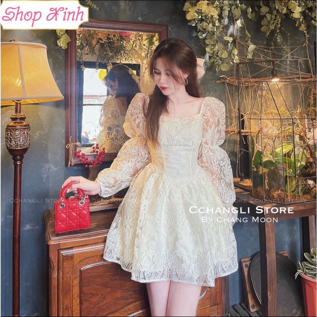 Váy ren hoa cổ vuông tay chung váy thu đông dáng xòe tay chun chất hoa ren tiểu thư dự tiệc siêu xinh thiết kế Shop Xinh