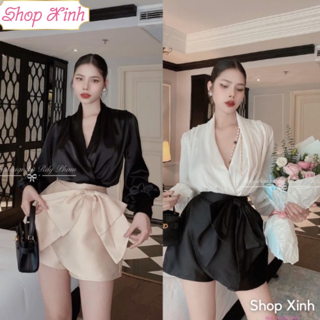 Set áo sơ mi tay bồng xẻ ngực cổ chéo mix quần giả váy TAFTA thắt nơ sang chảnh