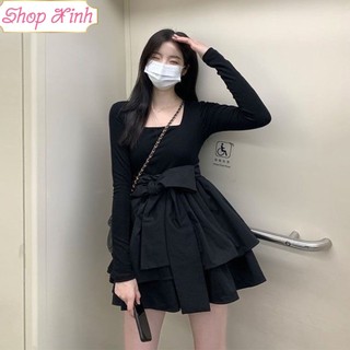 Váy đầm thiết kế 2 tầng len tăm màu đen phối nơ buộc giữa eo cổ vuông tay dài xinh xắn