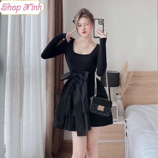 Đầm len cổ U dáng ngắn kèm đai thắt eo ShopXinh888888