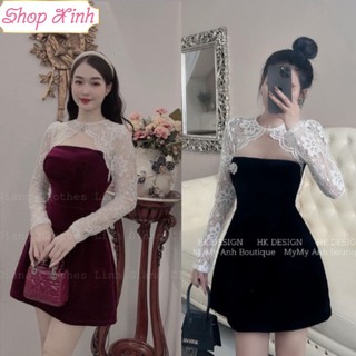 Váy Đầm Nhung Phối Tay Ren Phối Vai Ren Khóa Lưng Tay Dài Dáng Xòe Xinh Xắn