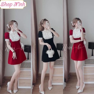 Váy Đầm Nhung Tay Bồng Bèo Ren Ngực Dáng Xòe Form Ngắn Cách Điệu Thanh Lịch_D88