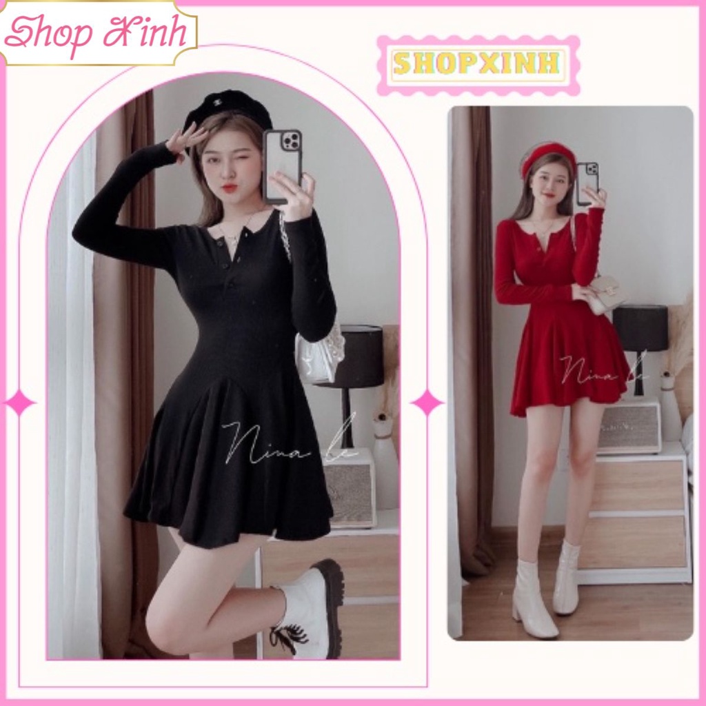 Đầm váy nữ body dài tay cổ V xòe xếp ly đuôi cá chất len tăm dày cho nàng tung tăng dạo phố