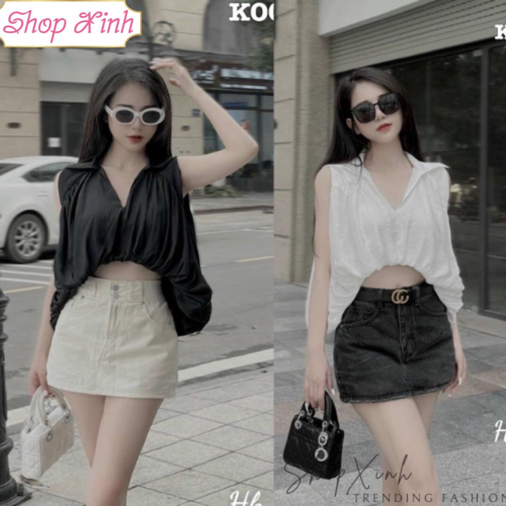 Áo Sơ Mi Dáng Bồng Không Tay, Áo Sơ Mi Nữ Hở Bụng 3 Lỗ Chất Liệu Lụa Mềm Cao Cấp
