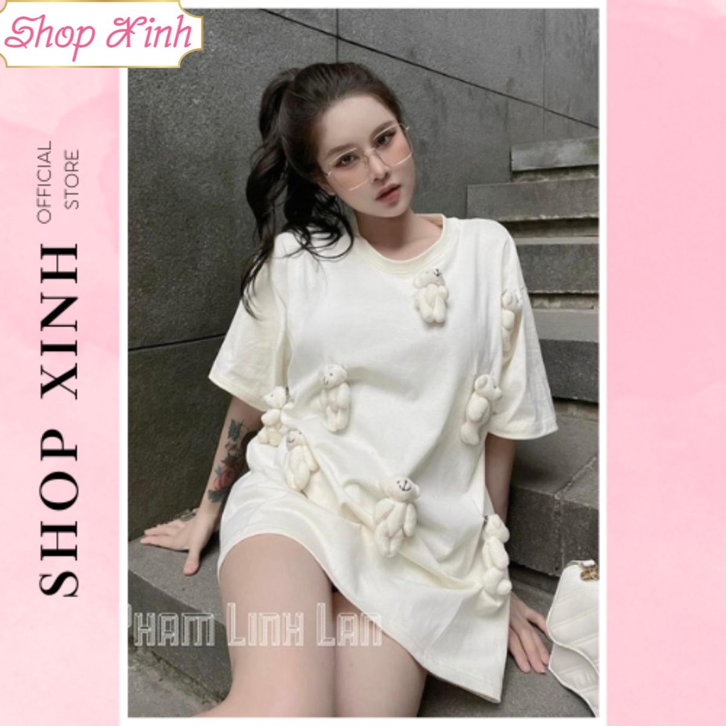 Áo Phông Đính Gấu Nổi Màu Kem, Áo Phông Nữ Cài Gấu Nổi, Áo Phông Gấu Nổi Chất Cotton Cao Cấp