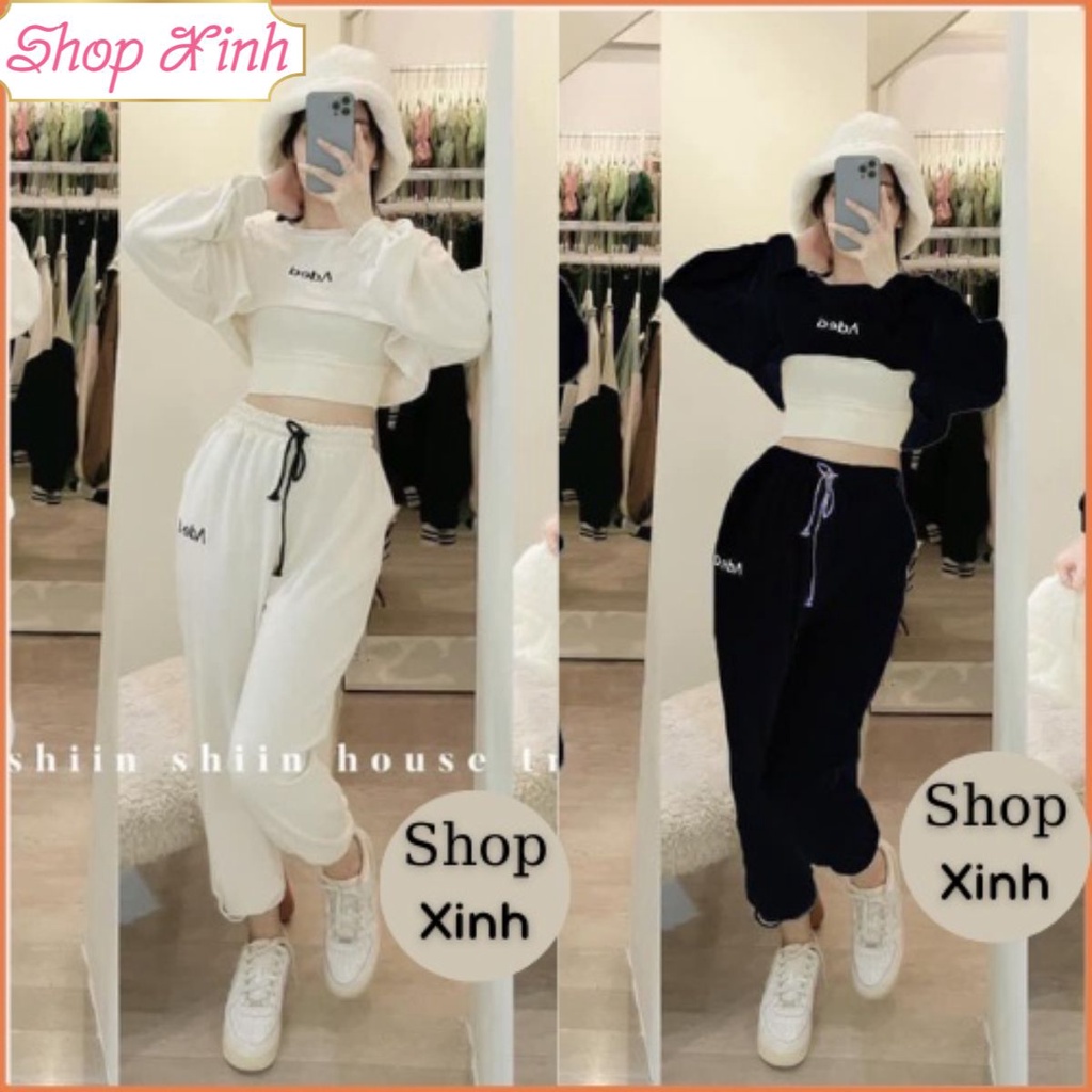 Đồ bộ đi chơi nữ Sét len tăm 3 món khoét ngực phối quần bom trắng phong cách hiện đại thời trang nữ