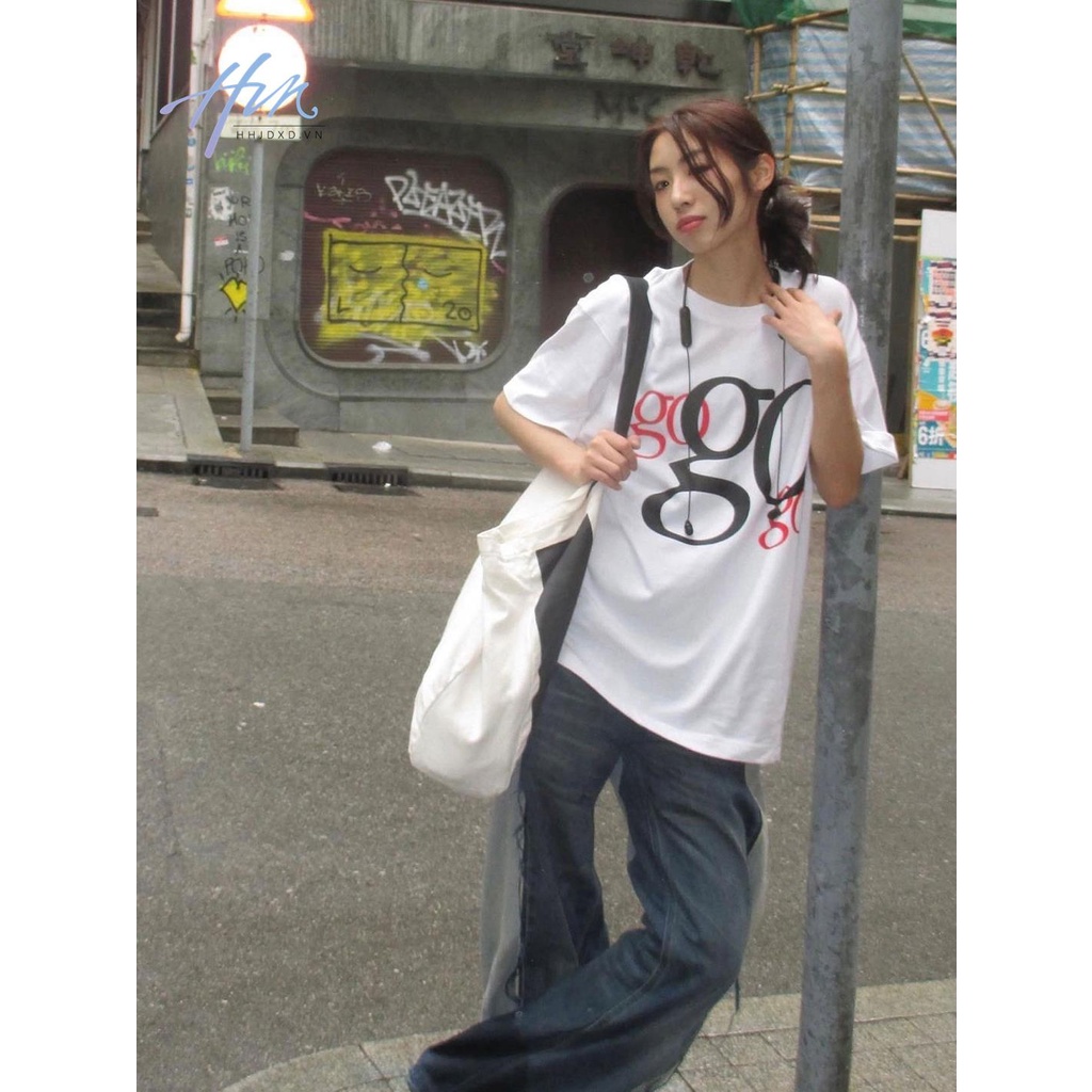 Áo Thun Tay Ngắn Dáng Rộng In Chữ Phong Cách Đường Phố Mỹ Thời Trang Mùa Hè Cho Nữ