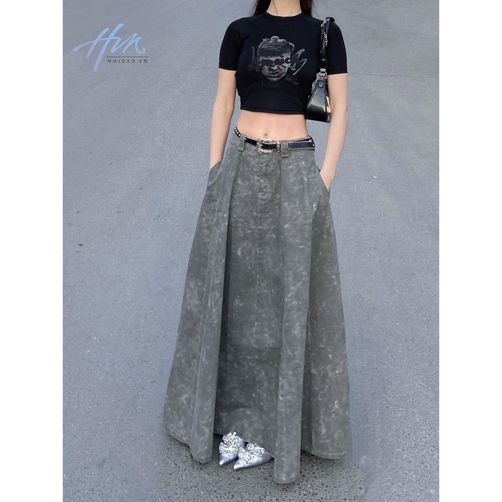 Chân Váy Chữ a Lưng Cao Màu Xám Phong Cách Retro Mỹ Thiết Kế Mới Mùa Hè Cho Nữ