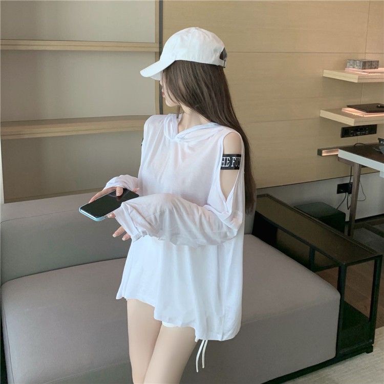 Áo Thun Tay Dài Có Mũ Trùm Vải Lụa Lạnh Mỏng Thiết Kế Khoét Rỗng Phong Cách Mới Quyến Rũ Cho Nữ