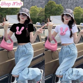 Áo Croptop Đính Thỏ Hồng, Áo Phông Croptop Đính Thỏ Chất Liệu Thun Borip Quảng Châu