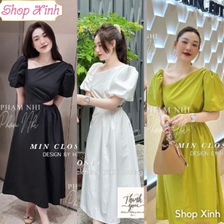 Đầm khoét eo chéo cổ tay ngắn phồng dáng dài, váy cổ chéo tay bồng cutout eo dáng dài