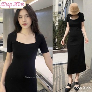 Váy đầm maxi body cổ U tay ngắn tôn dáng chất len tăm zip Quảng Châu