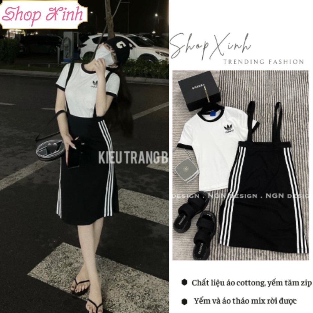 Set Yếm Váy Adidas SHOPXINH888888 - Bộ Áo Thun Adidas Nữ Kèm Yếm Phong Cách Hàn Quốc