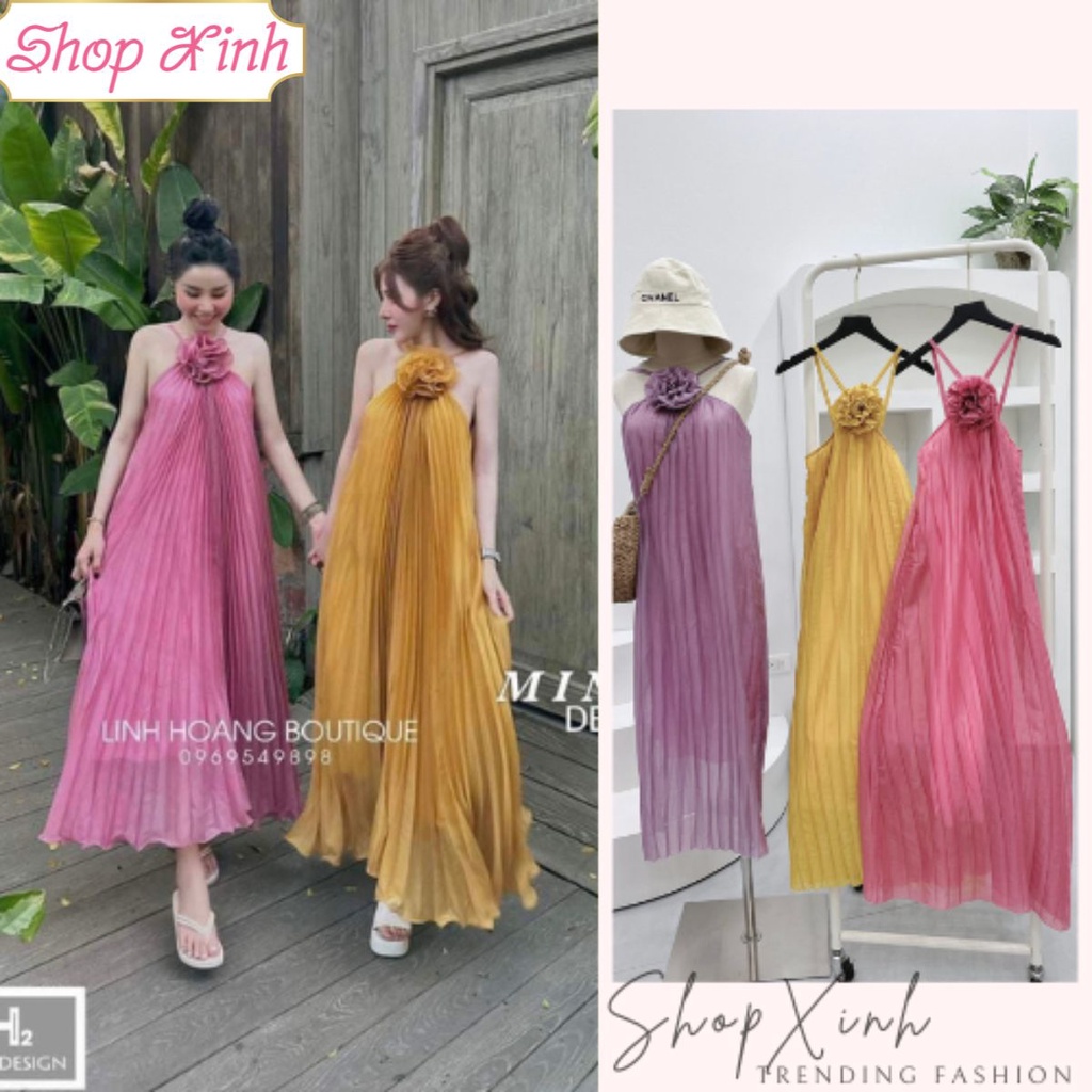 Váy Maxi Đi Biển Cổ Yếm Đính Hoa, Đầm Maxi Dập Li Đính Bông Dáng Yếm