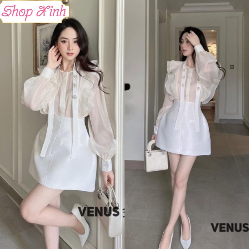 Set Áo Bèo Dây Nơ Đá Tay Dài Bồng Mix Chân Váy Dáng A Chất Liệu TAFTA Phong Cách Hàn Quốc