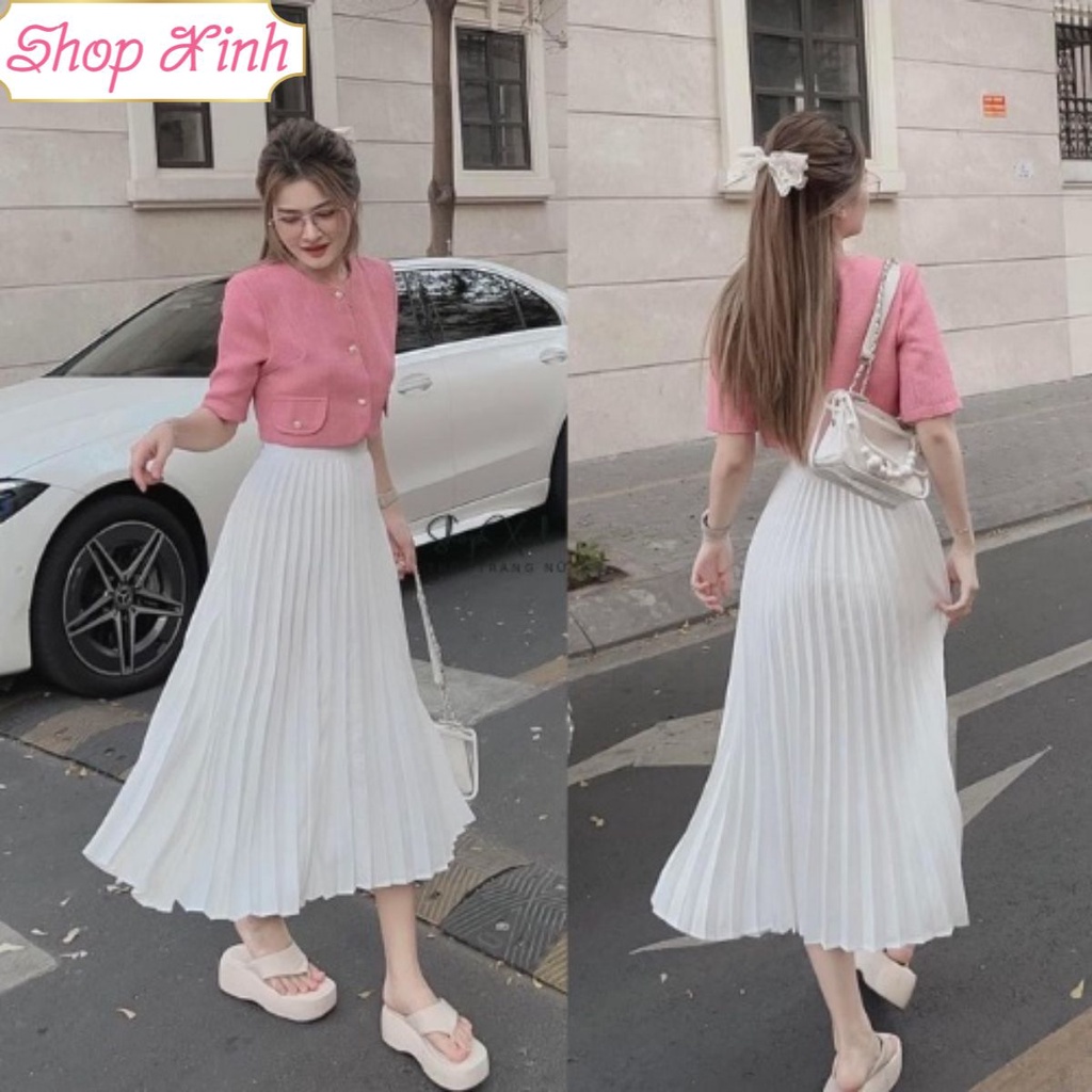 Set Áo Dạ Hồng Croptop Cúc Đồng Mix Chân Váy Midi Dập Li, Bộ Áo Dạ Hồng Crt Kèm Chân Váy Dập Ly Xòe Rộng