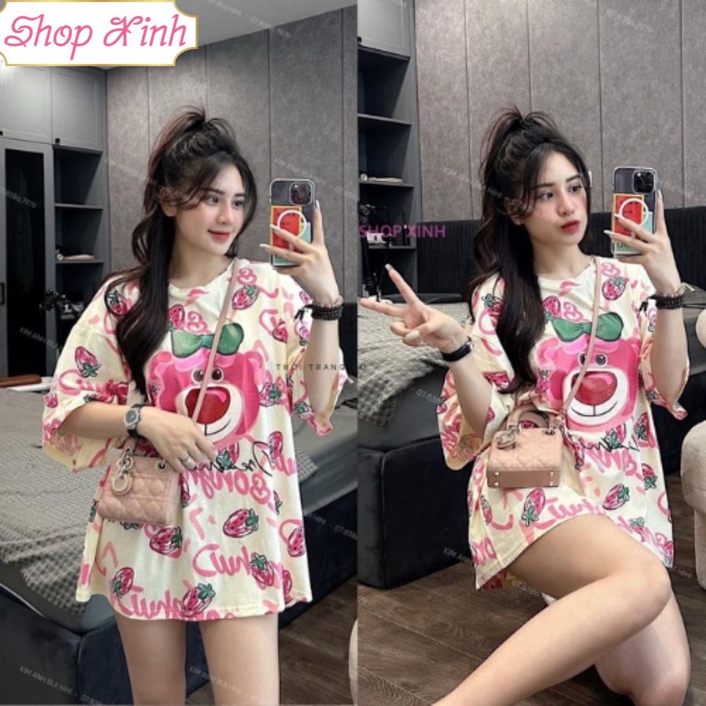Áo Phông Dâu Tây Gấu Losto Họa Tiết, Áo Phông Nữ Gấu Losto Dâu Tây Dáng Rộng Giấu Quần Chất Cotton