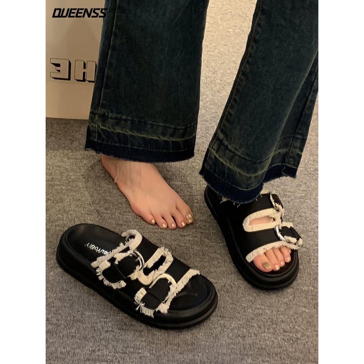 Giày Sandal Đế Dày Quai Đính Tua Rua Thời Trang Mùa Hè Cho Nữ