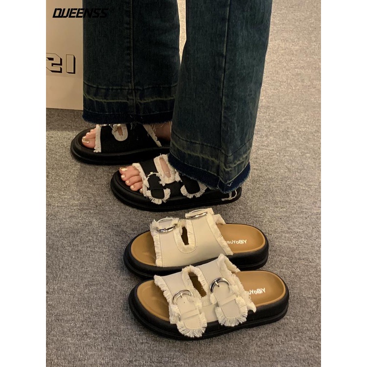 Giày Sandal Đế Dày Quai Đính Tua Rua Thời Trang Mùa Hè Cho Nữ