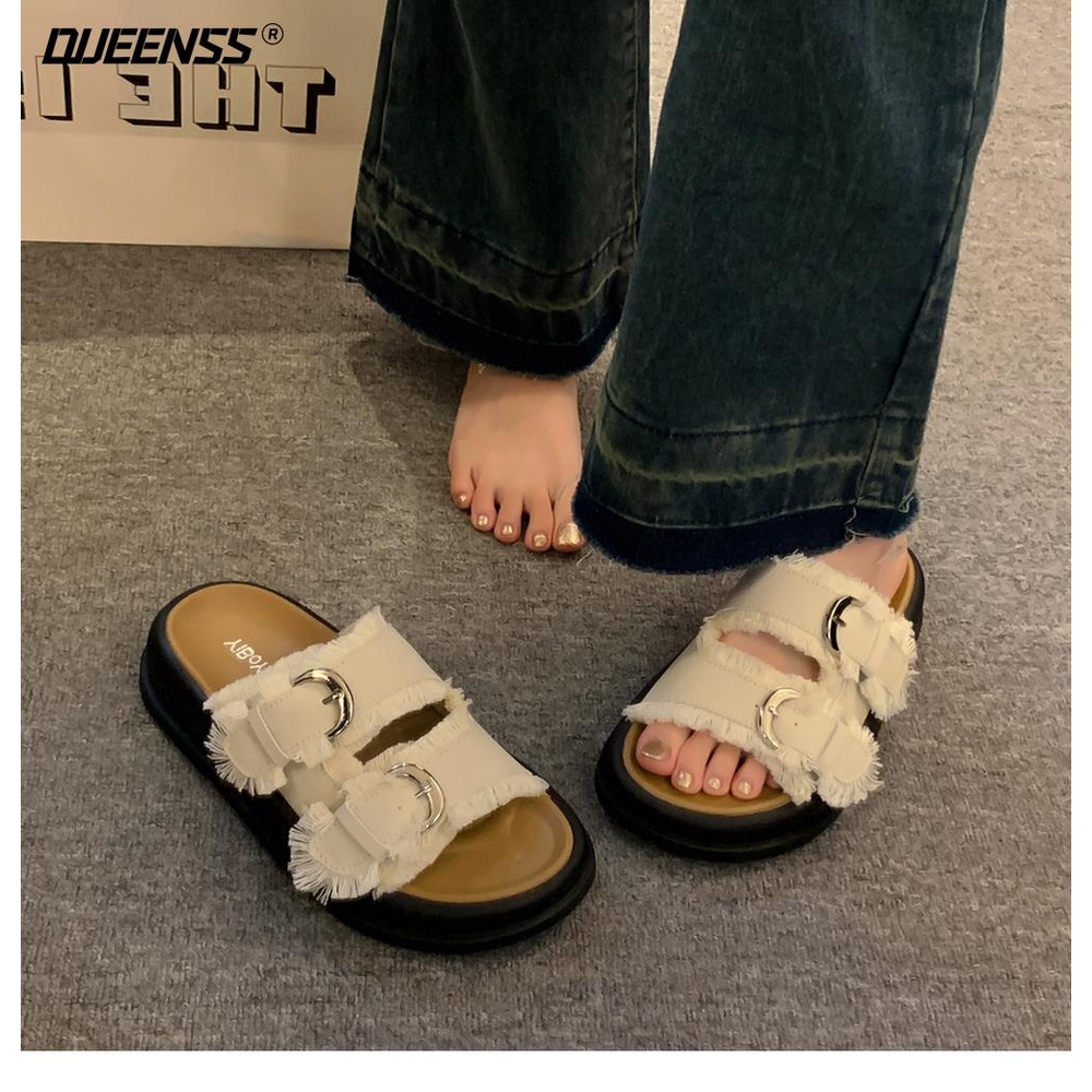 Giày Sandal Đế Dày Quai Đính Tua Rua Thời Trang Mùa Hè Cho Nữ