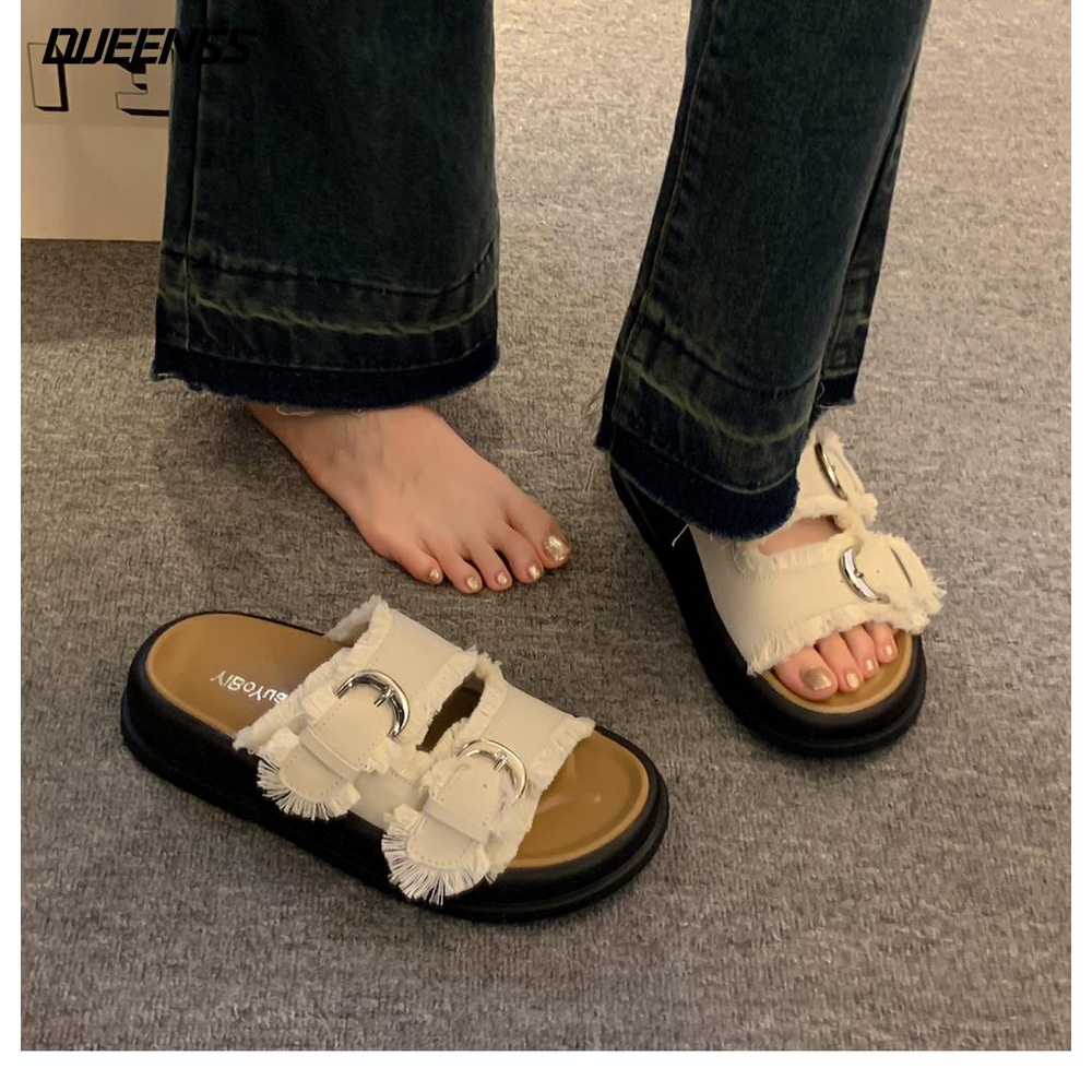 Giày Sandal Đế Dày Quai Đính Tua Rua Thời Trang Mùa Hè Cho Nữ