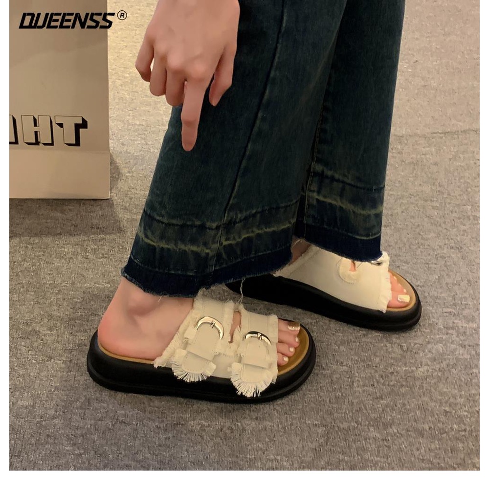 Giày Sandal Đế Dày Quai Đính Tua Rua Thời Trang Mùa Hè Cho Nữ