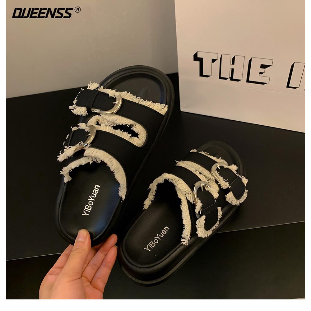 Giày Sandal Đế Dày Quai Đính Tua Rua Thời Trang Mùa Hè Cho Nữ