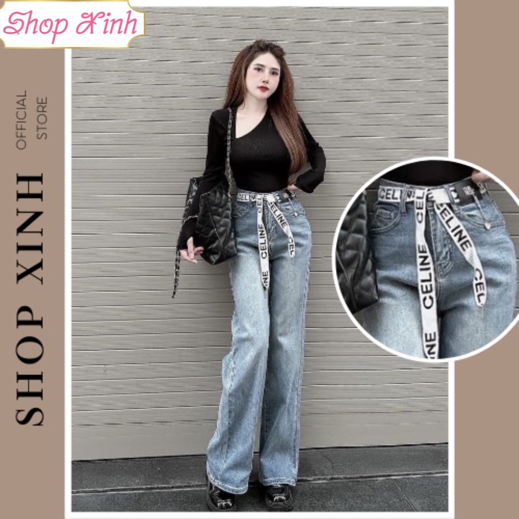 Quần Jeans Suông Mài Dây Đai CELINE Cá Tính, Quần Bò Nữ Xuông Dây Đai Celine Độc Đáo HT4577