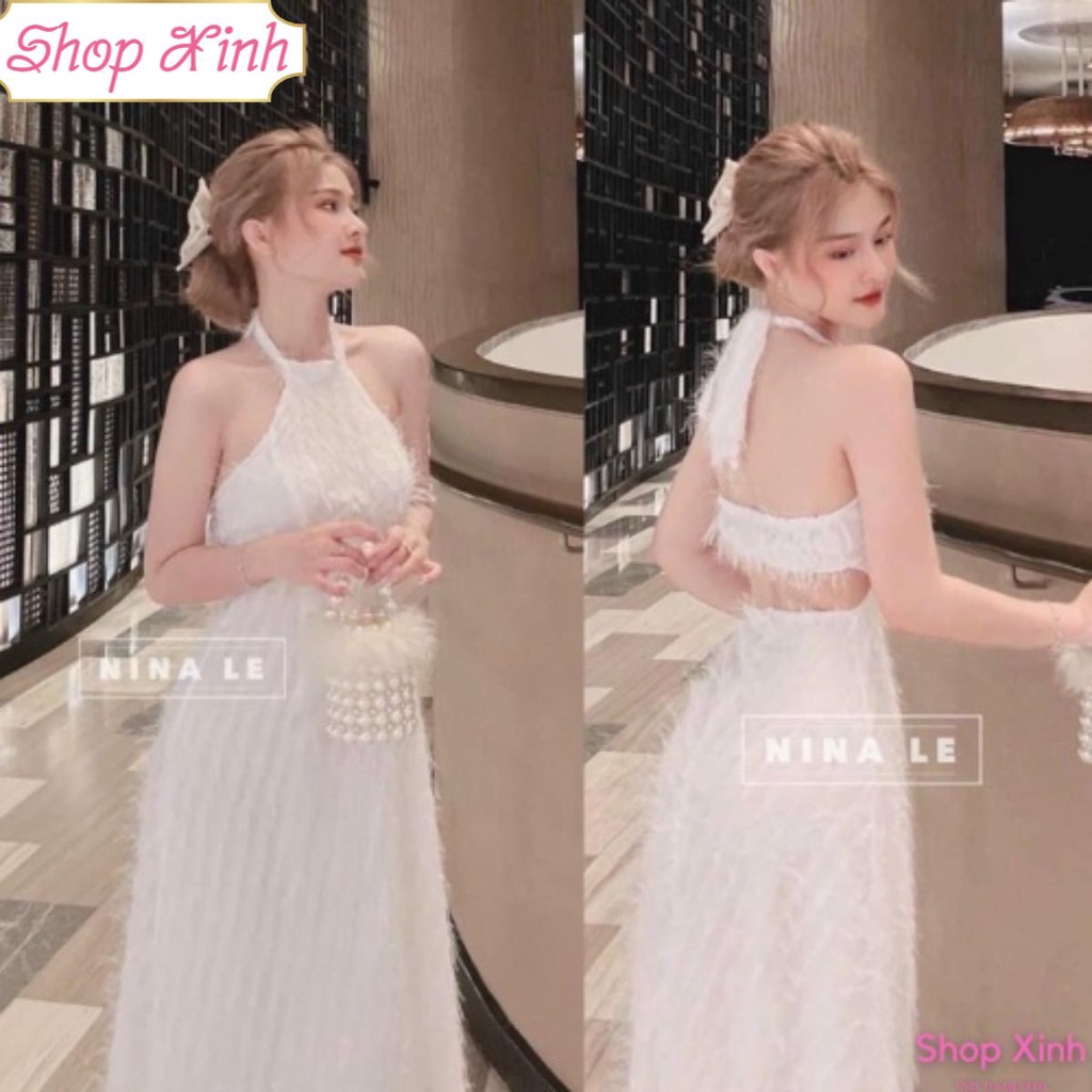 Váy Đầm Cổ Yếm Hở Lưng Buộc Nơ Vải Sợi Tơ Nhũ Quảng Châu Kèm Khóa Có Lót Trong Chống Lộ