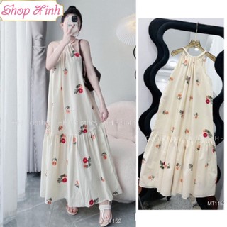 Váy Maxi Cổ Yếm Hoa Thêu Dáng Bồng Rộng, Đầm Maxi Đi Biển Cổ Yếm Hoa Thêu Nổi Chất Liệu Lanh Khồng Nhăn