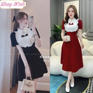 [Hàng Thiết Kế] Đầm nhung phối bèo ngực trắng cực sang, Váy Nhung Cổ Nơ Pha Bèo Trắng Tiểu Thư