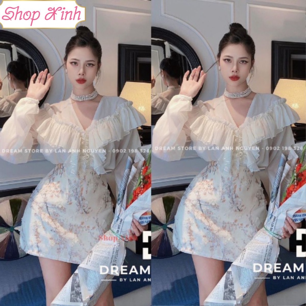 Set 2 món Áo bèo tay bồng mix chân váy hoa đào chữ A phong cách Hàn Quốc