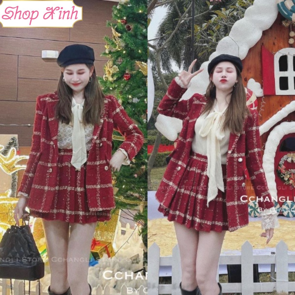 Set vest dạ tweed caro đỏ Quảng Châu, Set dạ vest caro 2 túi cúc ngọc chân váy xếp ly phong cách Hàn Quốc