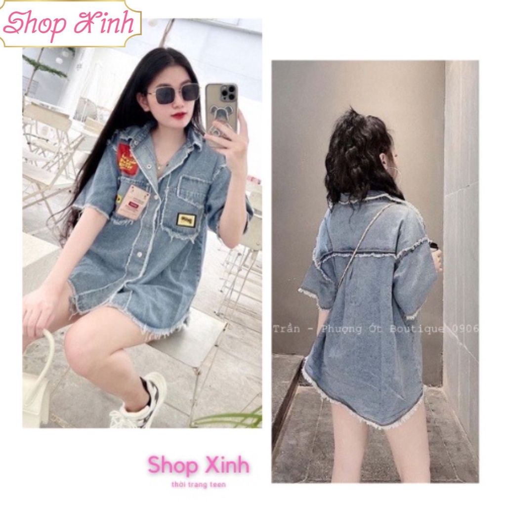 Áo sơ mi bò rách tua rua phom thụng giấu quần, Áo jeans nữ rách rua mix logo độc đáo
