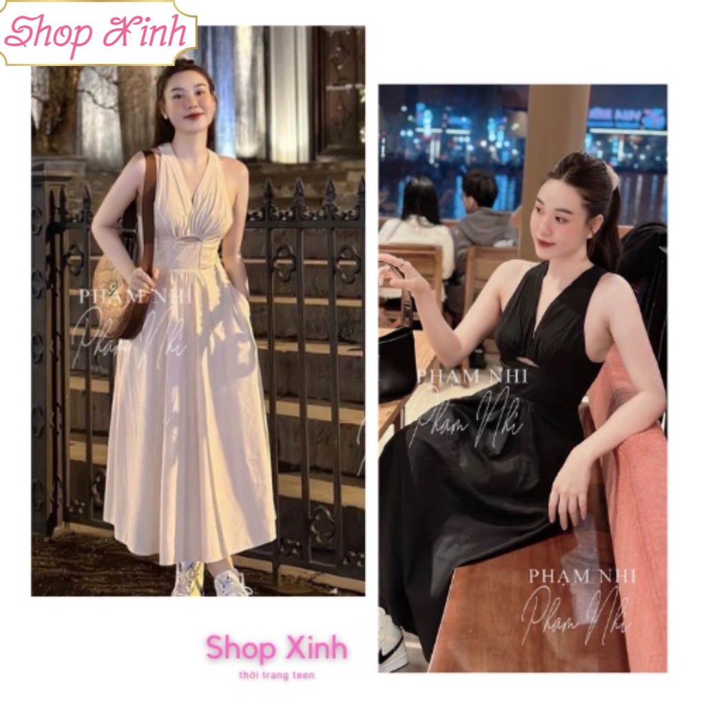 Váy Đầm Đan Chéo Lưng Xẻ Ngực Nhún Eo Dáng Dài Xòe Phong Cách Hàn Quốc
