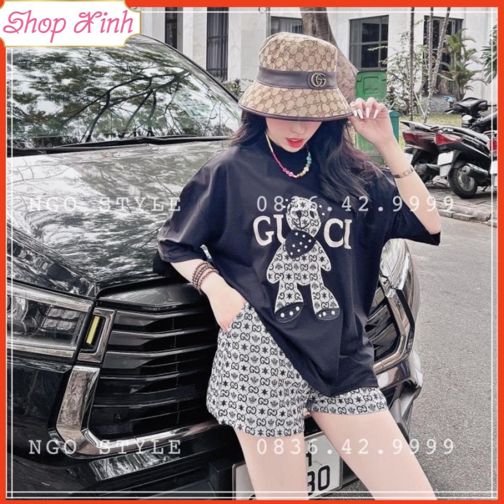 Bộ thun nữ đi chơi áo phông quần short hình gấu đắp đá nổi bật giữa đám đông 2 màu đen trắng