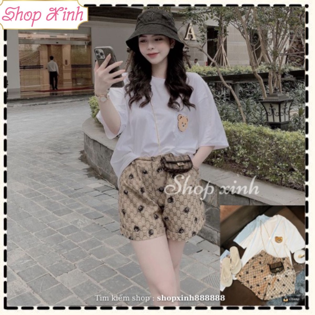 Set đồ đi chơi Áo thun cotton basic tay ngắn phong cách HongKong mix quần sooc hình gấu 𝙎𝙝𝙤𝙥 𝙓𝙞𝙣𝙝