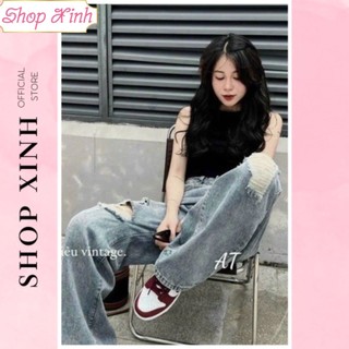 Quần bò rách dáng suông, quần jeans rách nữ dáng suồng, quần bò nữ rách gối hàn quốc