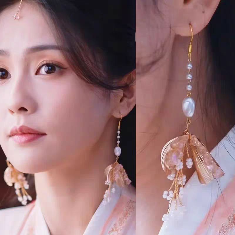 Bông Tai Changyue Jinming Với Bông Tai Kiểu Kẹp Tai Hươu Trắng Phong Cách Cổ Điển Với Vòng Tay Tua Rua Dài