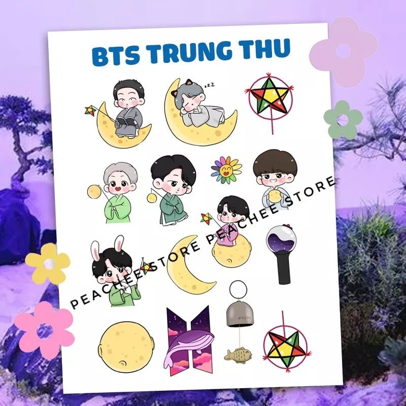 Sticker BTS Dalmajung hình dán chibi đón Trung thu siêu đáng yêu trang trí sổ tay đồ dùng khổ A5