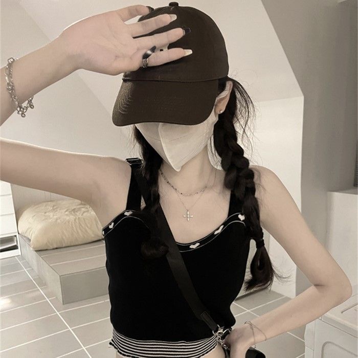 Jiashucheng Áo Dệt Kim Hai Dây In Hình Trái Tim Phong Cách Mỹ Ngọt Ngào Thời Trang Mùa Hè Ôm Dáng Mặc Ngoài Trời Nóng