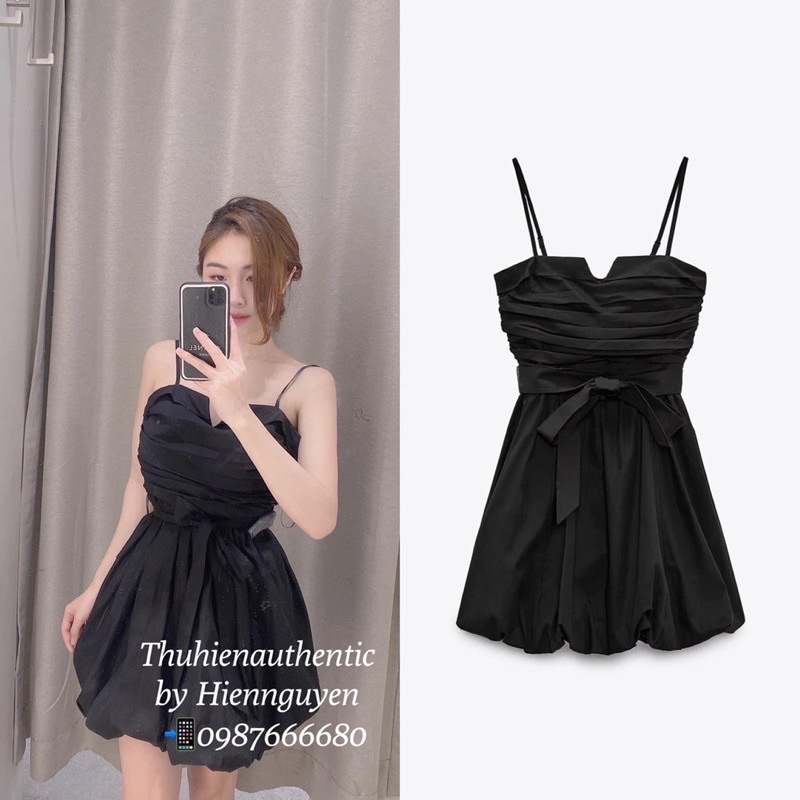 Đầm hai dây xoè phồng babydoll vạt trái bí