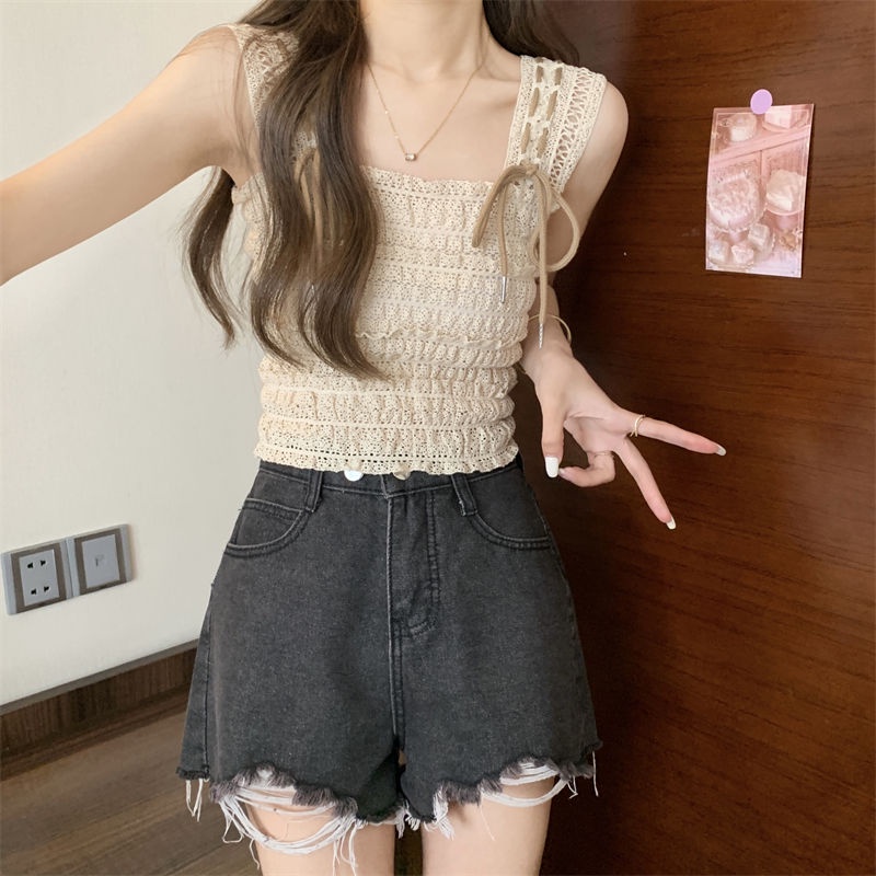 Jiashucheng Áo Hai Dây Dệt Kim Ngắn Ôm Dáng Không Tay Khoét Rỗng Buộc Dây Kiểu Pháp Thời Trang Mùa Hè Cho Nữ