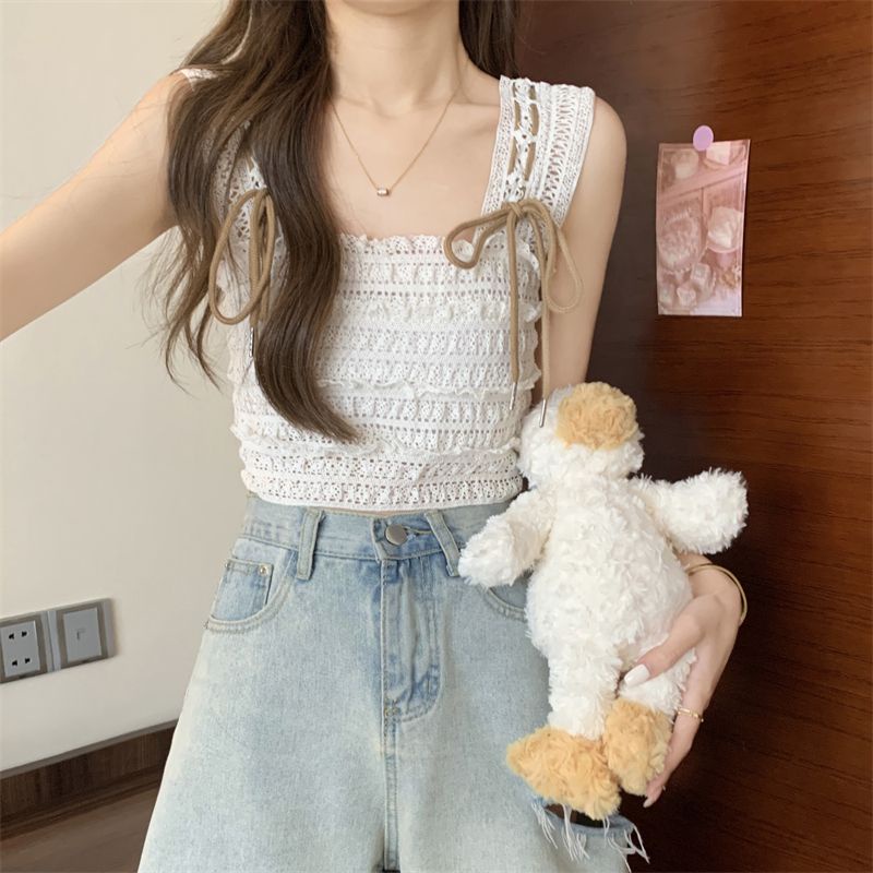 Jiashucheng Áo Hai Dây Dệt Kim Ngắn Ôm Dáng Không Tay Khoét Rỗng Buộc Dây Kiểu Pháp Thời Trang Mùa Hè Cho Nữ