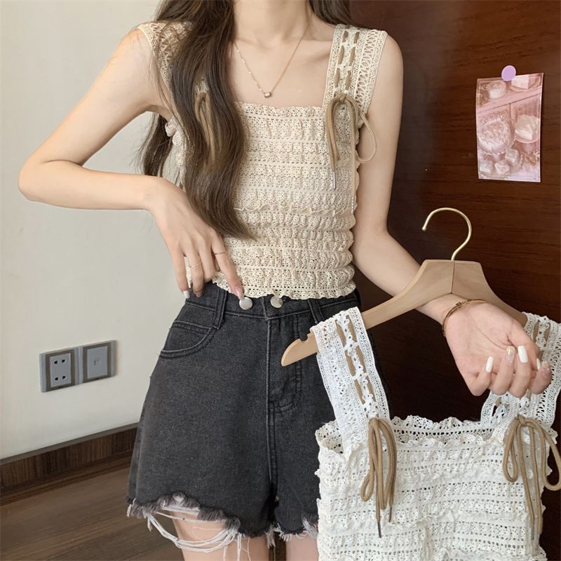 Jiashucheng Áo Hai Dây Dệt Kim Ngắn Ôm Dáng Không Tay Khoét Rỗng Buộc Dây Kiểu Pháp Thời Trang Mùa Hè Cho Nữ