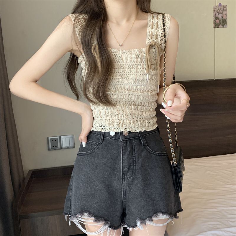 Jiashucheng Áo Hai Dây Dệt Kim Ngắn Ôm Dáng Không Tay Khoét Rỗng Buộc Dây Kiểu Pháp Thời Trang Mùa Hè Cho Nữ