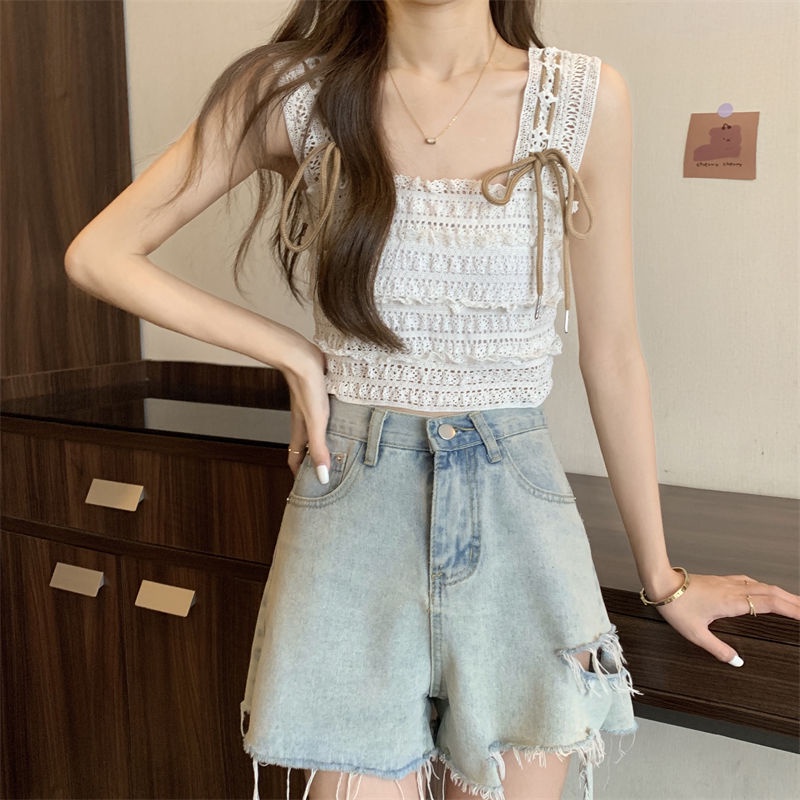 Jiashucheng Áo Hai Dây Dệt Kim Ngắn Ôm Dáng Không Tay Khoét Rỗng Buộc Dây Kiểu Pháp Thời Trang Mùa Hè Cho Nữ