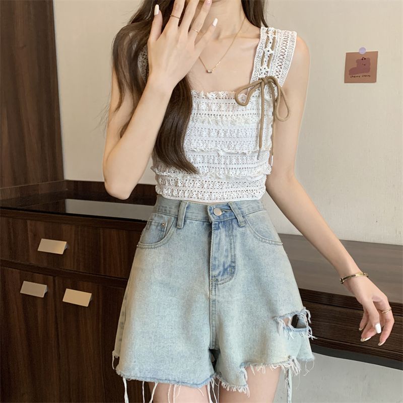 Jiashucheng Áo Hai Dây Dệt Kim Ngắn Ôm Dáng Không Tay Khoét Rỗng Buộc Dây Kiểu Pháp Thời Trang Mùa Hè Cho Nữ